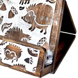 Recipe book stand, mango wood, carved mushroom and hedgehog design
