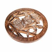 Trivet pan stand hand carved eco mango wood, owls 20cm