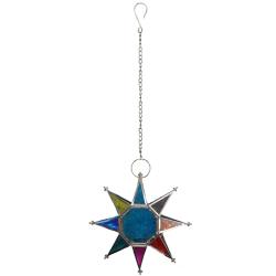 Lantern Tea Light Holder Hanging Star Recycled Glass, Blue Centre 20cm