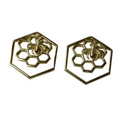 Ear studs, gold colour, bee & honeycomb