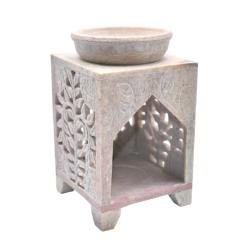 Oil burner holder carved soapstone, leaf design rectangular 8.5x8.5x14cm