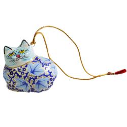 Hanging cat decoration, flowers on light blue, papier maché