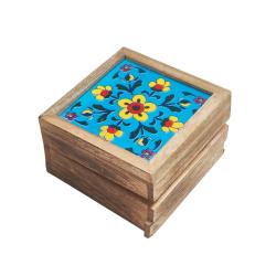 Secret Lock Box Mango Wood with Tile - Floral on Blue