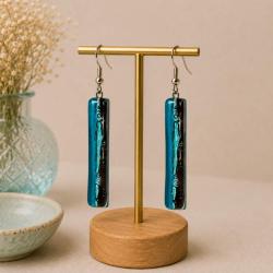 Earrings glass ‘Andes’ long rectangular dangle, blue and black 3.5 x 0.5cms