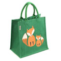 Jute shopping bag, green with foxes