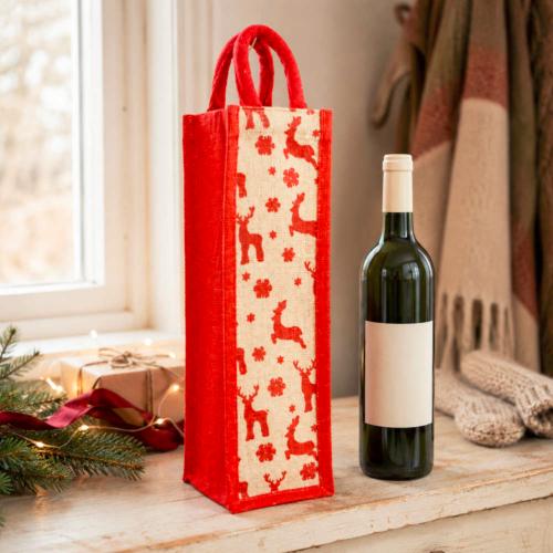 Jute Christmas bottle gift bag, reindeer design