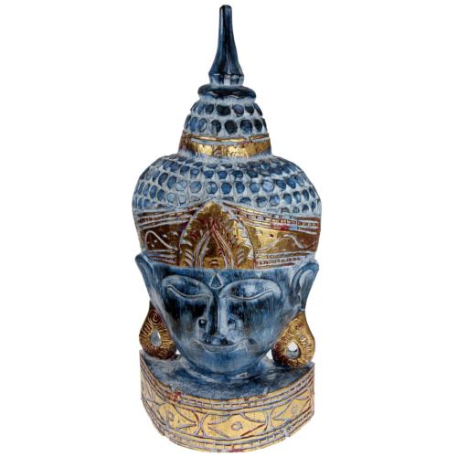 Buddha carved wood blue + gold colour 23x48x10cm