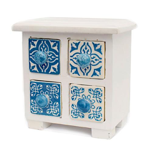 Wooden mini chest blue & white, 4 ceramic drawers