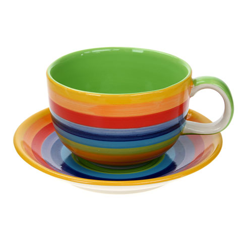 Large tea/coffee cup & saucer rainbow horizontal stripes ceramic hand painted