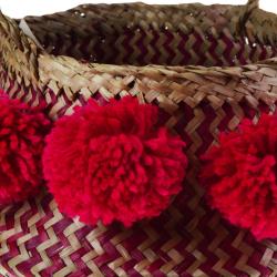 Woven seagrass basket with pompoms, natural & pink 25cm