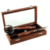 Magnifying glass and letter opener in wooden box