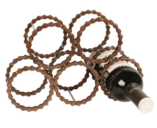 Wine rack/bottle holder for 5 bottles, recycled bike chain