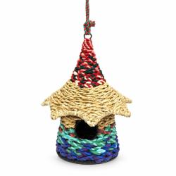 Birdhouse recycled fabric in wizard hat shape, 25x25x31cm, made in India