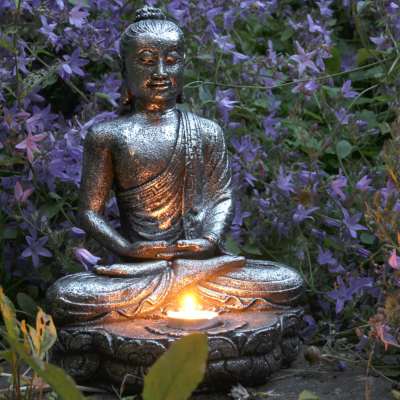 Buddha sandstone cast with t-lite holder, silver colour 32cm