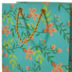 Gift Bag Handmade Paper Floral Design on Teal 13 x 18 x 7cm