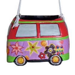 Hanging wooden planter campervan pink red