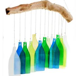 Mobile, recycled glass, 14 bottles blue, green, yellow, clear