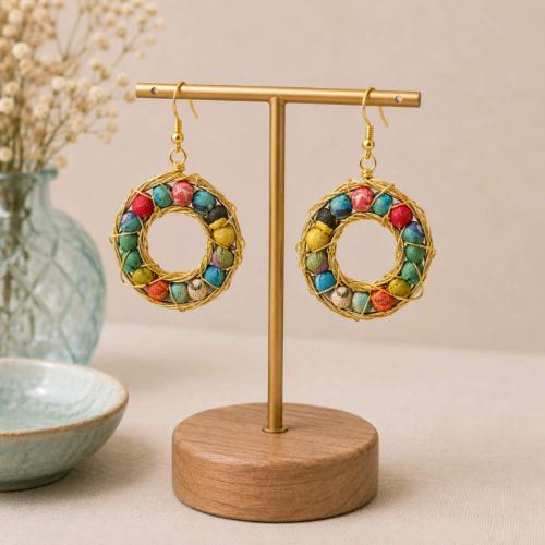 Earrings, Multicoloured Recycled Beads in Circle 3 x 4.5cm