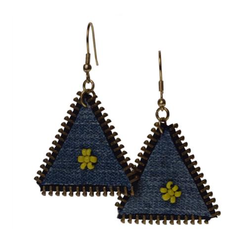 Earrings recycled denim jeans, triangle with flower