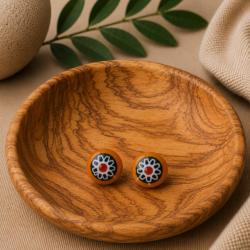 Ear studs, glass beads orange, black, white and red 1cm diameter