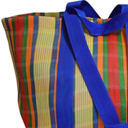 Beach/shopping bag recycled plastic cement bags, multicoloured bright stripes 56x36x22