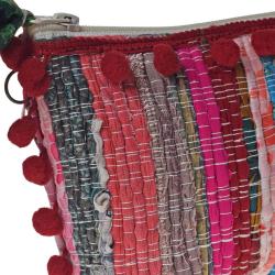 Rag chindi pouch purse with pompom recycled sari multicoloured 20x13cm