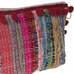 Rag chindi pouch purse with pompom recycled sari multicoloured 20x13cm