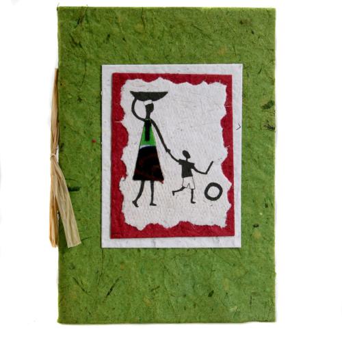 Greetings card, woman + boy, green