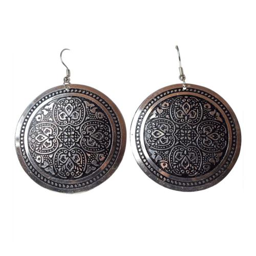 Brass earrings round, floral design silver & black colour