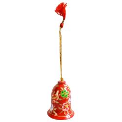 Hanging bell decoration, flowers on red, papier maché