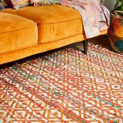 Dhurrie rug, recycled textiles, multi coloured + diamond overlay 100x150cm