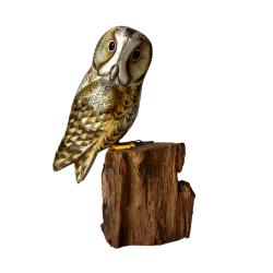 Tawny owl on tree trunk, hand carved wooden indoor/garden ornament 12cm