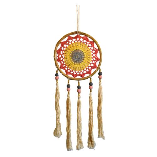 Dreamcatcher on bamboo frame, cream tassels, pink yellow blue inner, diameter 17cm