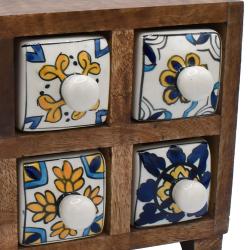 Wooden mini chest with 6 blue yellow & white drawers 24 x 17 x 11.5cm