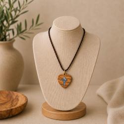 Pendant olive wood, cross on heart with Mother of Pearl, 3 x 3cm