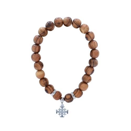Bracelet olive wood beads and Jerusalem cross charm