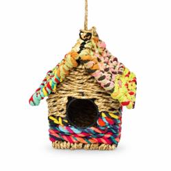Birdhouse, recycled fabric, in the shape of a house, 16x16x17cm, made in India