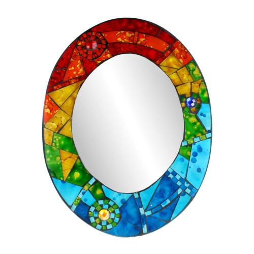 Oval mosaic wall mirror rainbow colours handmade 40x31cm