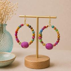 Earrings Recycled Small Beads + 1 Large on Circle 4cm
