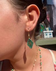 Earrings, recycled circuit board diamond shape edged with glass beads