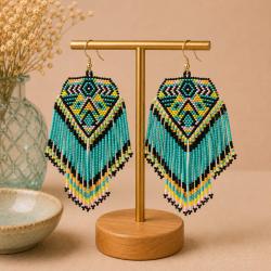 Earrings Small Beads Turquoise Yellow Black 6 x 13cm 