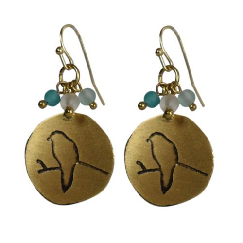 Earrings, Brass round drop engraved with bird on branch 2cm diameter