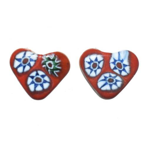 Ear studs, glass heart shaped beads, red and white 1.3 x 1.3cm