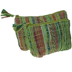 Set of 2 rag chindi pouch bags recycled sari base colour green 24x14 & 18x12cm