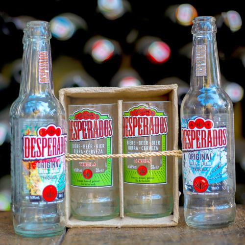 Pack of 2 glass tumblers, recycled Desperados bottles, clear