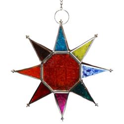 Lantern Tea Light Holder Hanging Star Recycled Glass, Red Centre 27cm