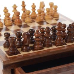 Small wooden chess set sheesham wood pieces in pullout drawer 16x16x3.5