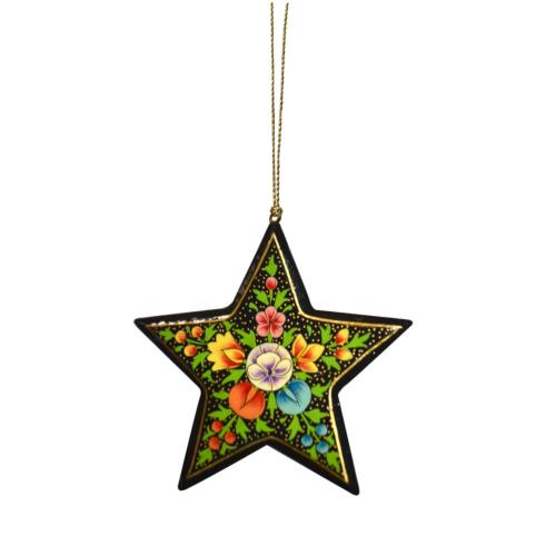 Hanging star decoration, floral design, papier mâché 10x10x0.5cm