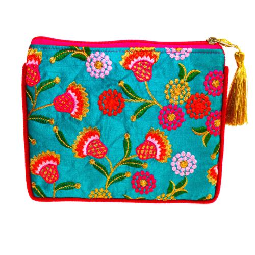 Carry/pouch bag, embroidered flowers on turquoise