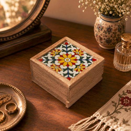 Secret Lock Box Mango Wood with Tile - Floral on White